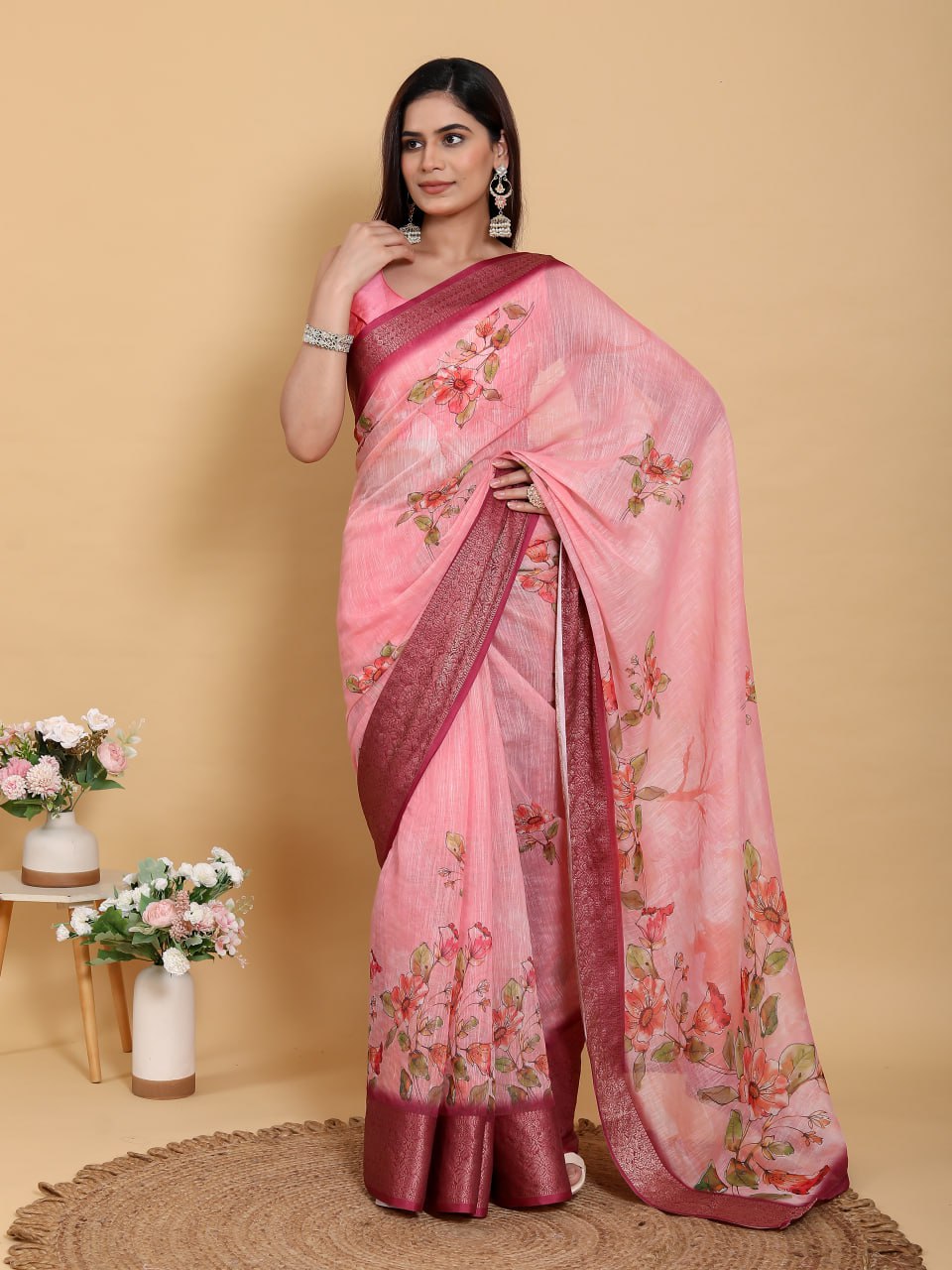 Elegant Rose Pink Floral Linen Cotton Saree | Rich Magenta Jacquard Border